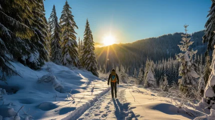 Schilderijen op glas a man is walking with skis through a beautiful winter landscape on a sunny day © jr-art