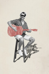 Image collage sketch of cheerful positive guy sitting guy playing guitar isolated on painted background