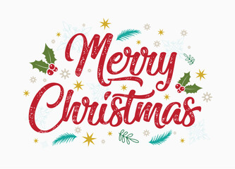 Typography of Merry Christmas text Lettering design card template. Lettering of Merry Chrismas calligraphy Hand drawn. Holiday Greeting Gift Poster. Calligraphy with tree vector illustration