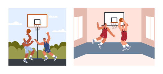 Set of scenes with people playing basketball in gym and outdoor flat style