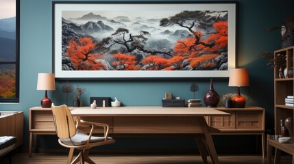 Frame mock up in Home Office  Japanese-Inspired Style , Mockups Design 3D, HD