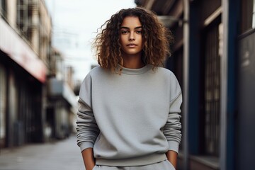 Fototapeta premium young woman wearing greay sweatpants and sweatshirt - fashion shoot (Generative AI)