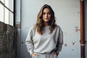 young woman wearing greay sweatpants and sweatshirt  - fashion shoot (Generative AI)