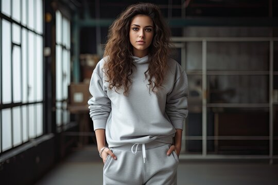 young woman wearing greay sweatpants and sweatshirt  - fashion shoot (Generative AI)