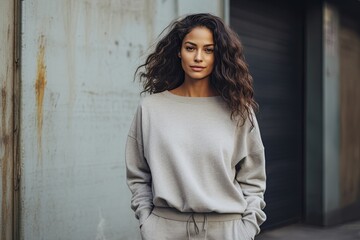 young woman wearing greay sweatpants and sweatshirt  - fashion shoot (Generative AI) - obrazy, fototapety, plakaty