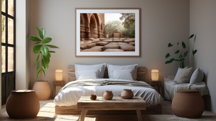 Frame mock up inBedroomMoroccan in Monochromatic Color , Mockups Design 3D, HD