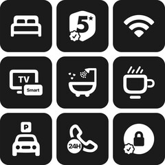 icons set of hotels booking app isolated on white background. hotel facilities logo icons printed on paper.