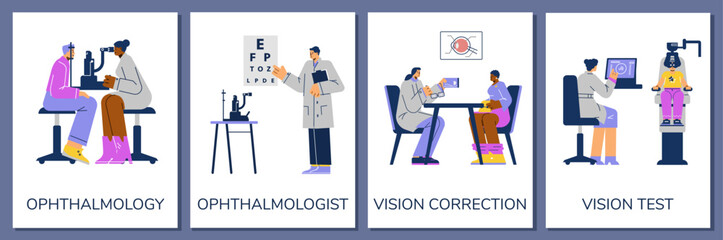 Ophthalmology testing and glasses selection banners, flat vector illustration.