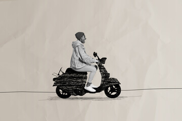 Creative trend collage of black white sketch young energetic female riding driving scooter gave fun hurry transportation delivery © deagreez