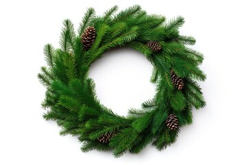 Fototapeta na wymiar Festive Christmas wreath with green fir branches and white background celebrating the holiday season.
