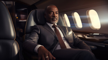 African businessman sits in a luxurious first class cabin or in a private jet. Business jet interior. Comfortable travel. Illustration for banner, poster, cover, brochure or presentation.