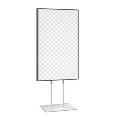 Vertical digital LCD display stand realistic vector mockup. Large video banner with transparent screen on metal base mock-up