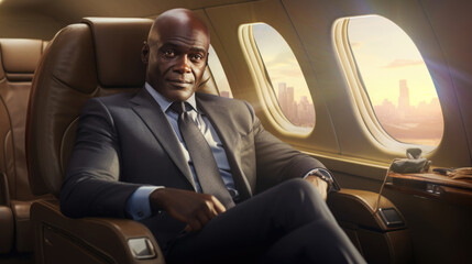 African businessman sits in a luxurious first class cabin or in a private jet. Business jet interior. Comfortable travel. Illustration for banner, poster, cover, brochure or presentation. - obrazy, fototapety, plakaty