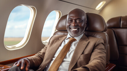 African businessman sits in a luxurious first class cabin or in a private jet. Business jet interior. Comfortable travel. Illustration for banner, poster, cover, brochure or presentation.
