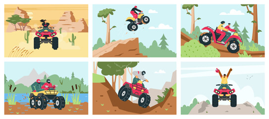 Vector illustration set with red quad bike with people in helmet off-road driving in the forest, desert, swamp, mountain