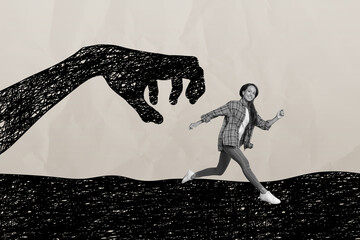 Creative trend collage of running away energetic young female escape dark monster hand catch grab...