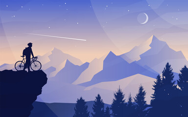 Cyclist on top of a mountain. Mountain bike. Travel concept of discovering, exploring. Cycling. Adventure tourism. Polygonal flat design for coupon, voucher, gift card. Minimalist illustration