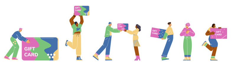 Happy people give huge gift cards, excited receive present, surprise, bonus or loyalty cartoon vector illustrations set