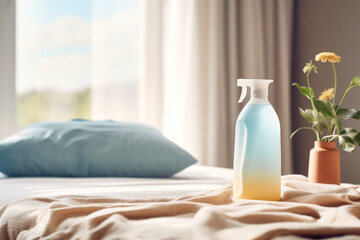 Linen and room spray air freshener in an eco-friendly bottle, designed for a clean and fresh living space. On a modern, minimalist bedroom background. Concept of fragrance of wellness and cleanliness - obrazy, fototapety, plakaty