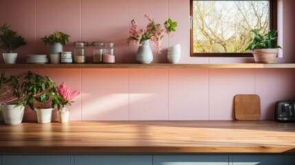Fototapeta na wymiar Frame mock up in Kitchen Modern Style in Pink Color, Mockups Design 3D, HD