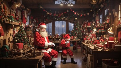 Santa in gift factory - obrazy, fototapety, plakaty