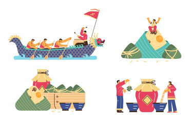 Set of people celebrating Dragon boat festival flat style, vector illustration
