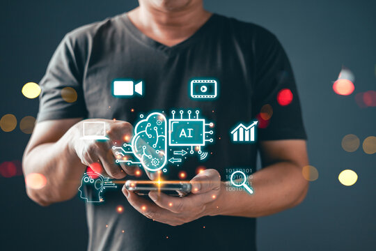 Man touch icon ai and use smartphone, Marketers education, research, analyze media video streaming content creation and online marketing strategies to grow their digital business.