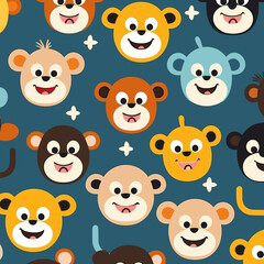 Cartoon monkey characters pattern, background, hand-drawn cartoon flat art Illustrations in minimalist vector style