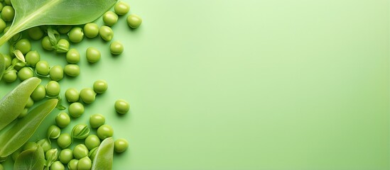 Close up of isolated fresh green peas on a isolated pastel background Copy space - obrazy, fototapety, plakaty