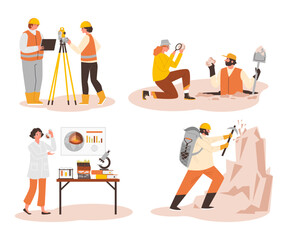 Set of geologists working flat style, vector illustration