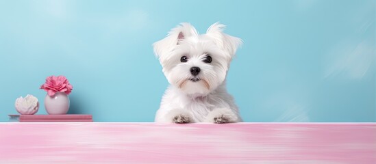 Maltese dog in front of isolated pastel background Copy space