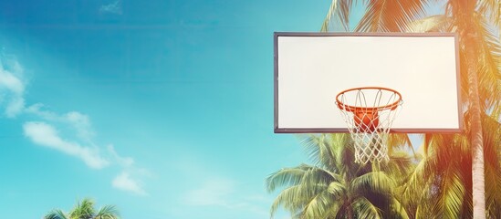 Basketball hoop on a sunny day with a backdrop of blue sky and palm trees isolated pastel background Copy space