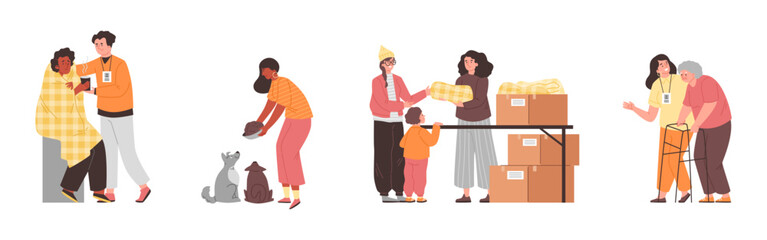 Set of volunteers help elderly and disabled people and animals, flat vector illustration isolated on white background.
