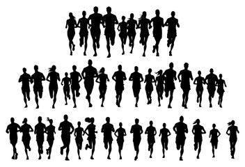set silhouettes of people running pose