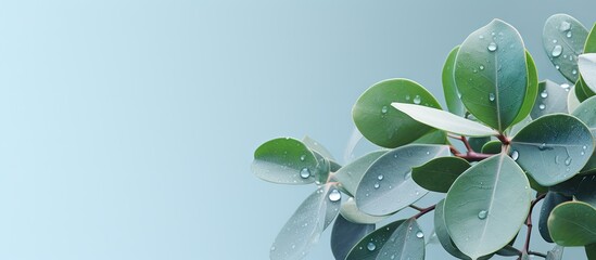 Close up of a young rubber plant with water droplets on isolated pastel background Copy space - obrazy, fototapety, plakaty