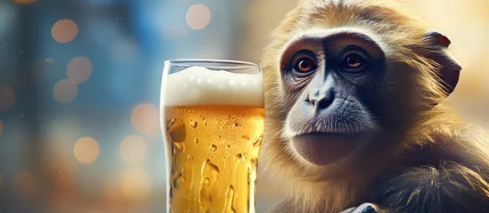 Fotobehang Monkey with beer isolated pastel background Copy space © vxnaghiyev