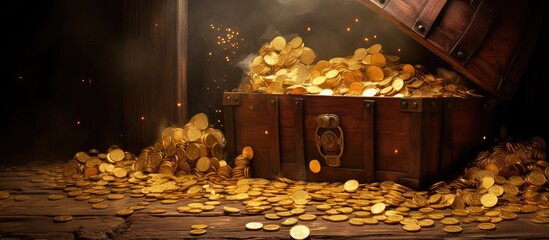 Many gold coins spilled from an old style wooden treasure chest with rusted metal strips forming a golden coin and bar on the floor depicted in a 3D rendering isolated pastel background Copy sp