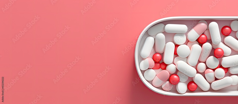 Aufkleber white and red pills in a plastic container isolated pastel background copy space space for text medi