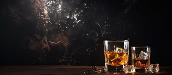 Whisky on table with ice isolated pastel background Copy space