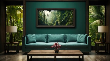 Frame mock up inMedia RoomTropical Resort in Green, Mockups Design 3D, HD