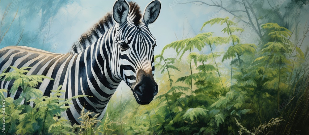 Poster zebra grazing at the zoo isolated pastel background copy space