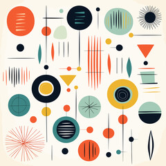 Mid-century modern pattern, background, hand-drawn cartoon flat art Illustrations in minimalist vector style