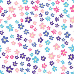 Floral seamless pattern with pink, lavender, blue, purple chamomile flower and leaves. Childish, feminine, gentle