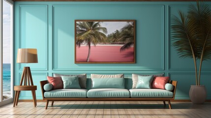 Frame mock up in Playroom Tropical Resort in Cool Color , Mockups Design 3D, HD