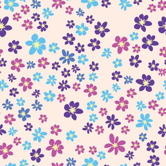 Floral seamless pattern with pink, lavender, blue, purple chamomile flower and leaves. Childish, feminine, gentle