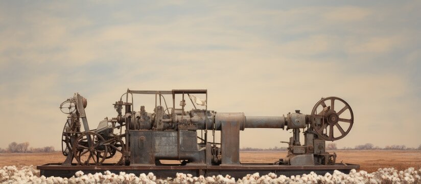 Old dirty cotton gin machine on the floor used to extract cotton fibers from seedpods Industrial machinery isolated pastel background Copy space