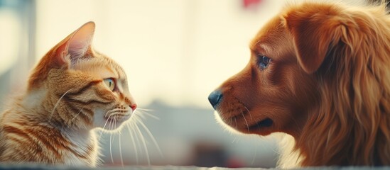 The interaction between the dog and cat isolated pastel background Copy space