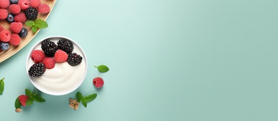 Mint leaves adorn a glass of nutritious breakfast featuring muesli raspberries blueberries and...