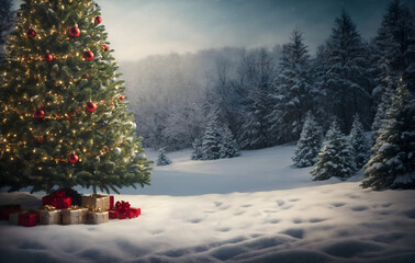christmas tree with gifts,Winter Christmas forest,neon light.winter landscape with trees and snow,Generative AI