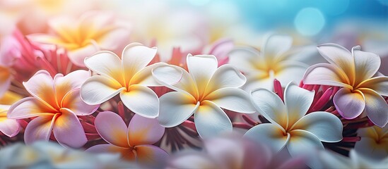 Nature blurred colorful plumeria with focused selection isolated pastel background Copy space